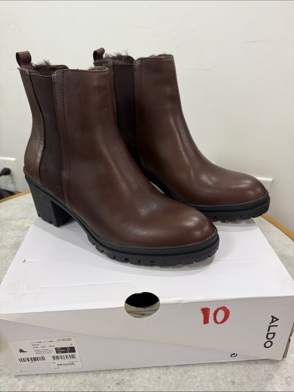 ALDO Dark Brown Leather Lug-Sole Chelsea Block Heel Boots